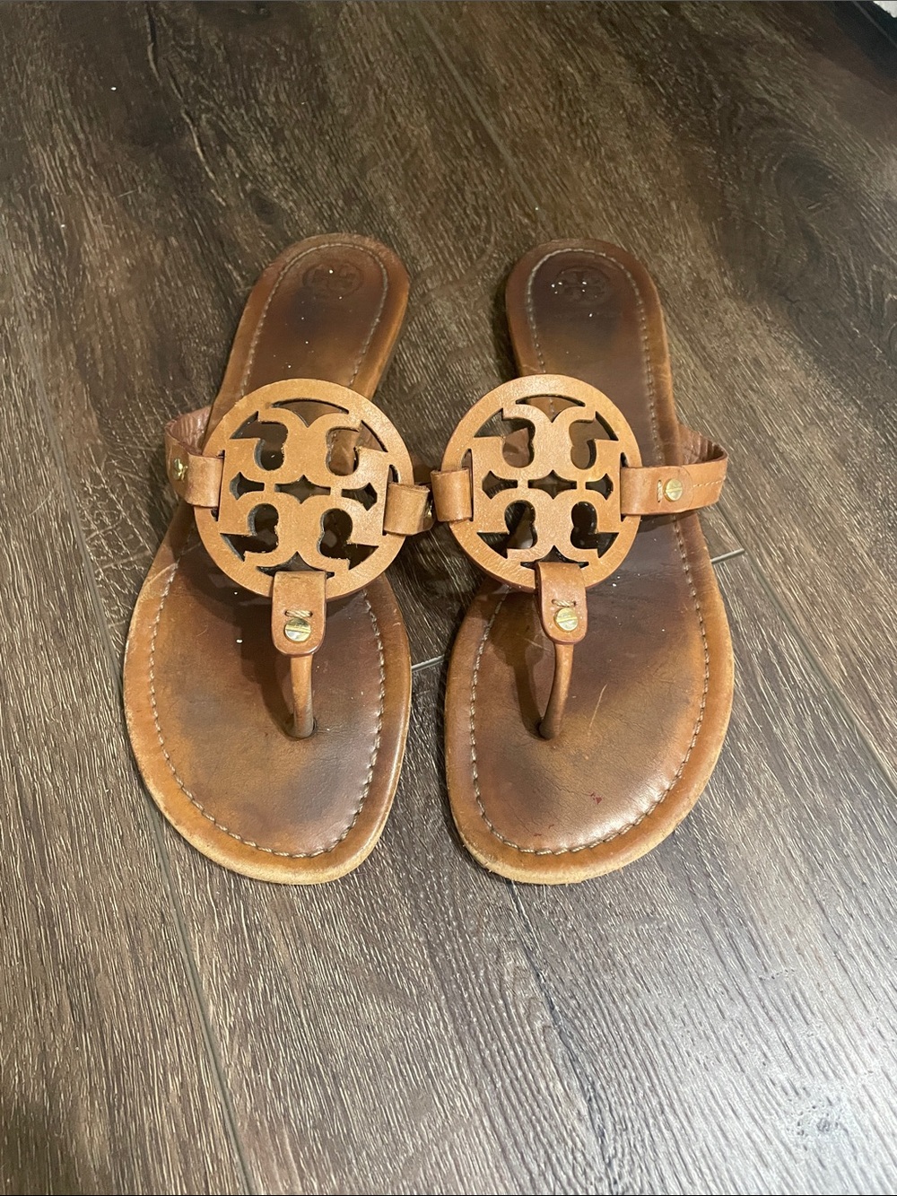 Tory Burch Brown Leather Logo Thong Sandals